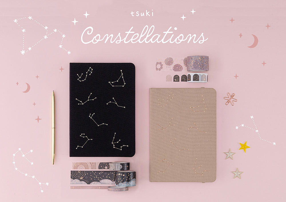 Tsuki Constellations bundle set including deep black bulllet journal, beige bullet journal and a washi set