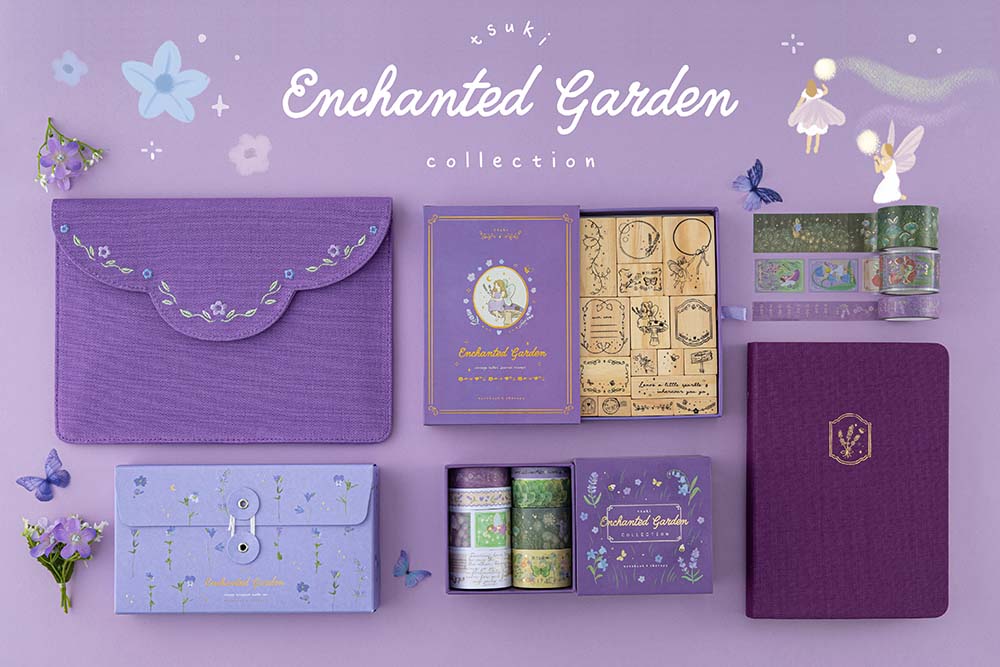 Tsuki Enchanted Garden collection including a purple notebook pouch, lavender design bullet journal, fairycore stamps, fairycore washi tape set and fairycore scrapbook bundle