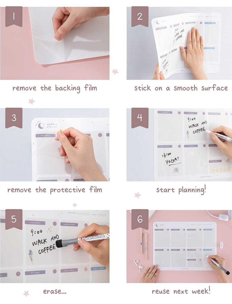Guide of Tsuki Reusable Weekly Planner and dry erase marker on light grey surface and light pink backgrounds
