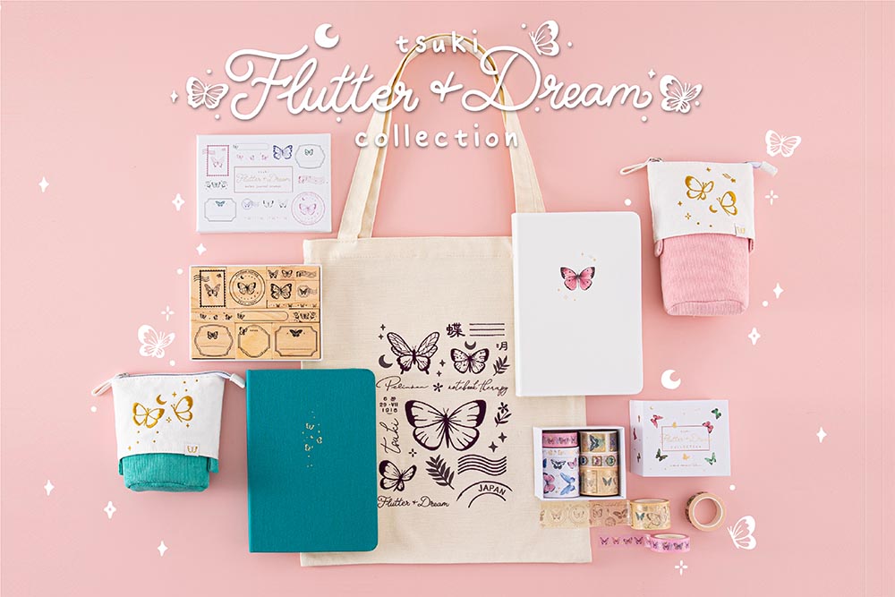 Full Tsuki ‘Flutter + Dream’ Collection by Notebook Therapy x Pelinkan on pastel pink background