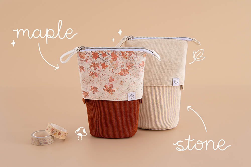 Tsuki ‘Maple Dreams’ Pop-Up Pencil cases in maple and stone with Tsuki ‘Maple Dreams’ Washi Tapes in beige background