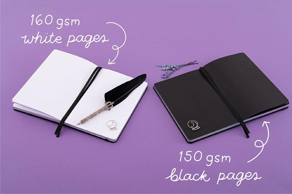 Tsuki ‘Moonlit Spell’ Limited Edition Holographic Bullet Journal with 160GSM white pages or 150GSM black paper with black feather quill and lavender sprigs on purple background