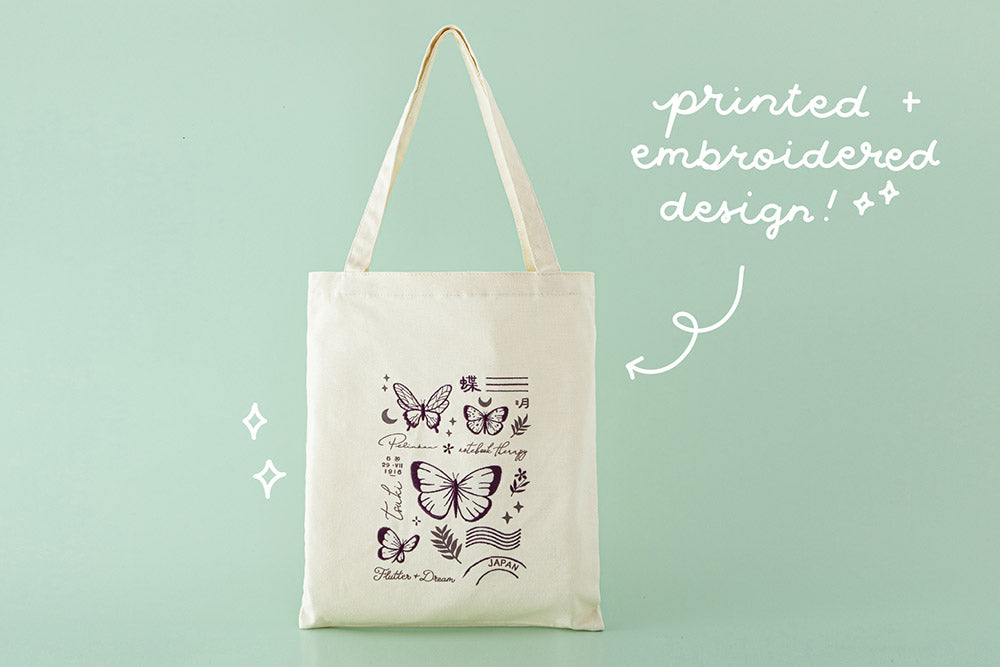 Tsuki ‘Flutter + Dream’ Tote Bag by Notebook Therapy x Pelinkan with printed + embroidered design in mint background