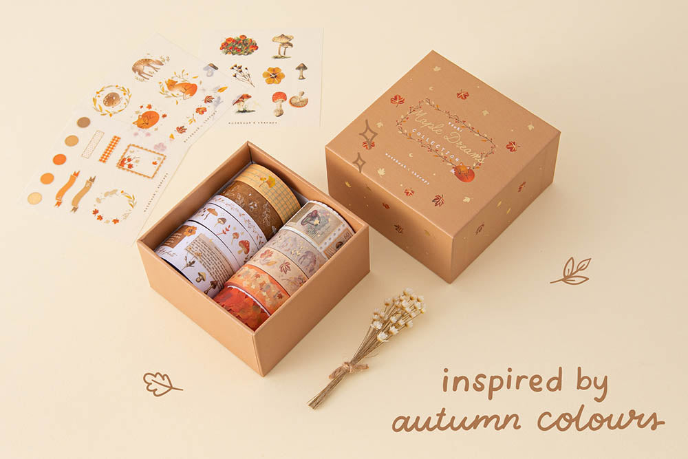 Tsuki ‘Maple Dreams’ Washi Tape Set with free stickers sheet and eco-friendly gift box packaging inspired by autumn colours with dried flowers on cream background