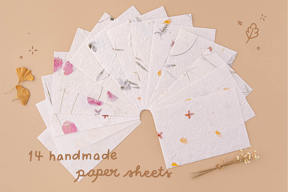 Pack of fourteen Tsuki Handmade Petal Papers fanned out with dried flowers and autumn leaves on beige background