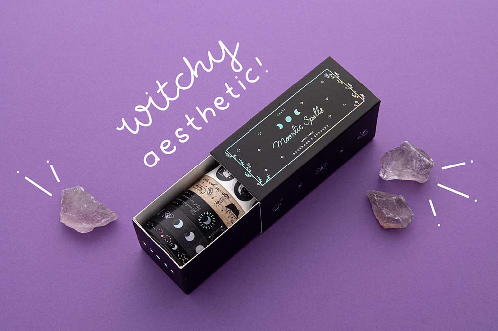 Tsuki ‘Moonlit Spell’ Washi Tape Set with amethyst stones on purple background