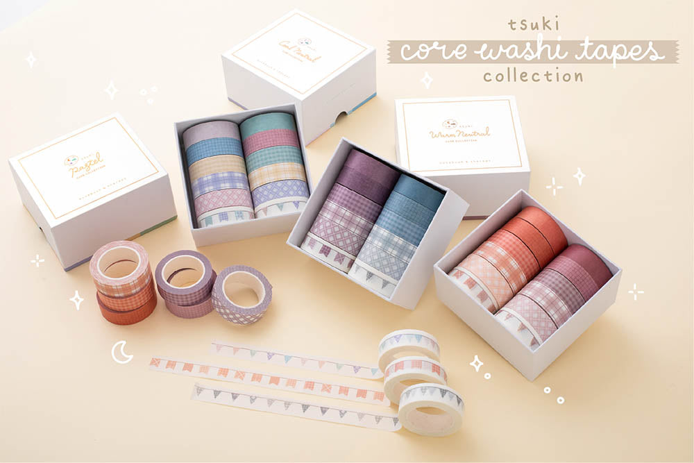 Tsuki Core Washi Tapes Collection in Cool Neutral and Warm Neutral and Pastel with luxury eco-friendly gift box packaging on beige background