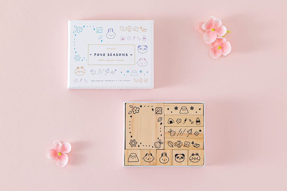 Tsuki ‘Four Seasons’ Bullet Journal Stamp Set by Notebook Therapy x Milkkoyo with pink flowers on petal pink background