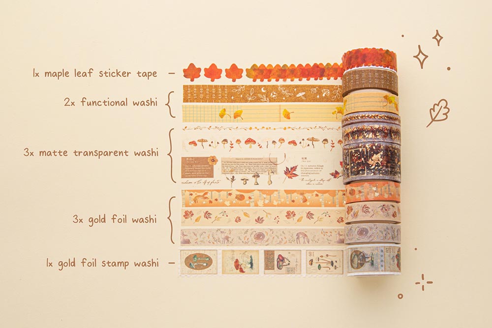 Tsuki ‘Maple Dreams’ Washi Tape Set in various sizes rolled out on cream background