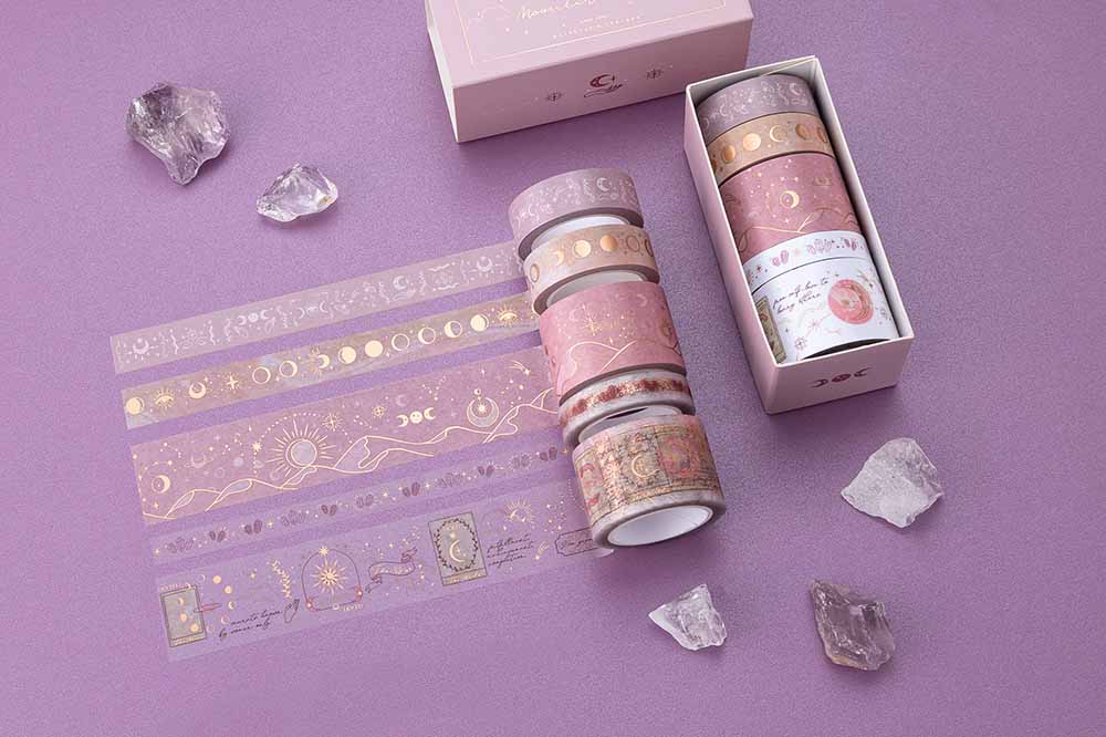 Tsuki ‘Moonlit Blush’ Washi Tape Set with amethyst stones on purple background