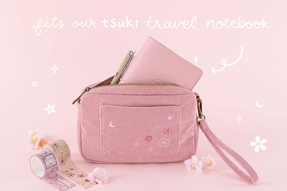 Tsuki ‘Sakura Journey’ Travel Pouch which fits Tsuki ‘Sakura Journey’ Limited Edition Travel Notebook and inside with Tsuki ‘Sakura Journey’ Vintage Journal Washi Tape Set with cherry blossoms in pink background