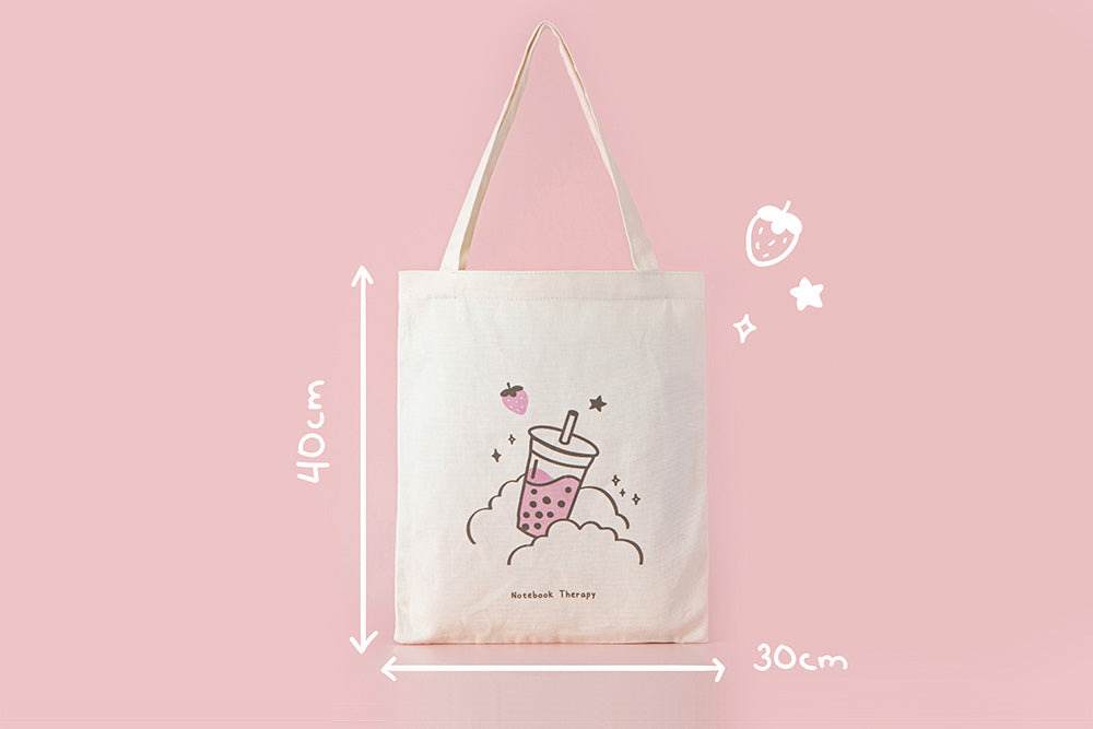 Tsuki ‘Ichigo’ Boba Tote Bag measuring 30 cm by 40 cm in light pink background