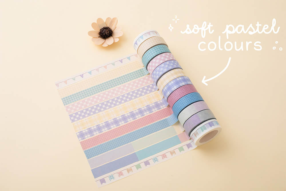 Tsuki Core Washi Tape Set in Pastel with soft pastel colours and flowers on beige background