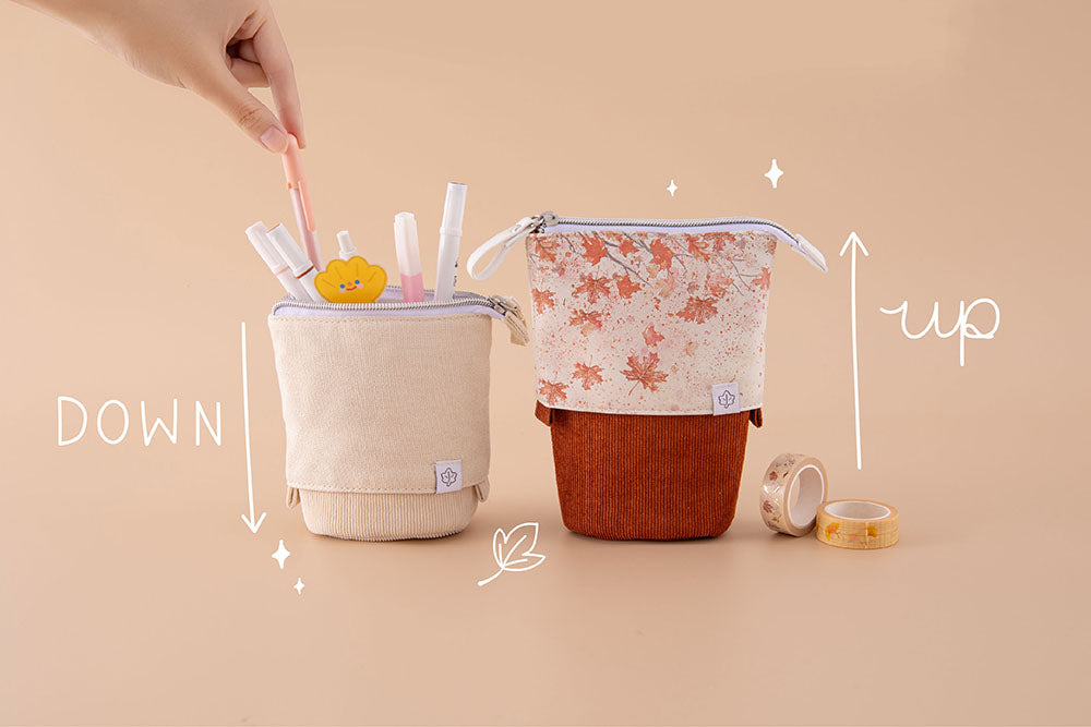 Tsuki ‘Maple Dreams’ Pop-Up Pencil cases in maple and stone to pop up or down with Tsuki ‘Maple Dreams’ Washi Tapes in beige background