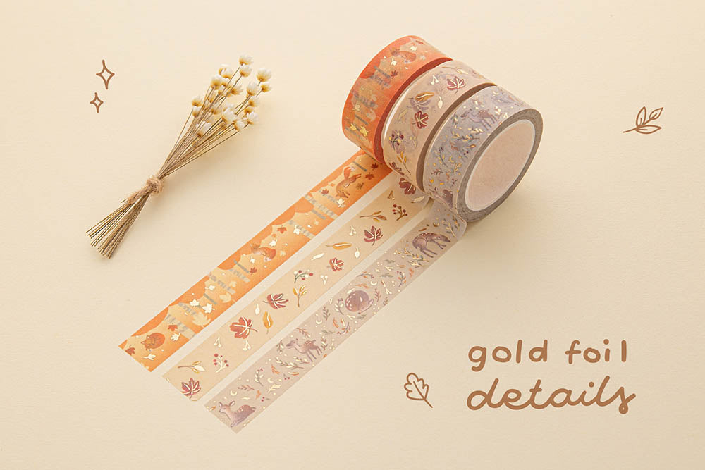 Tsuki ‘Maple Dreams’ Washi Tapes with gold foil details with dried flowers on cream background