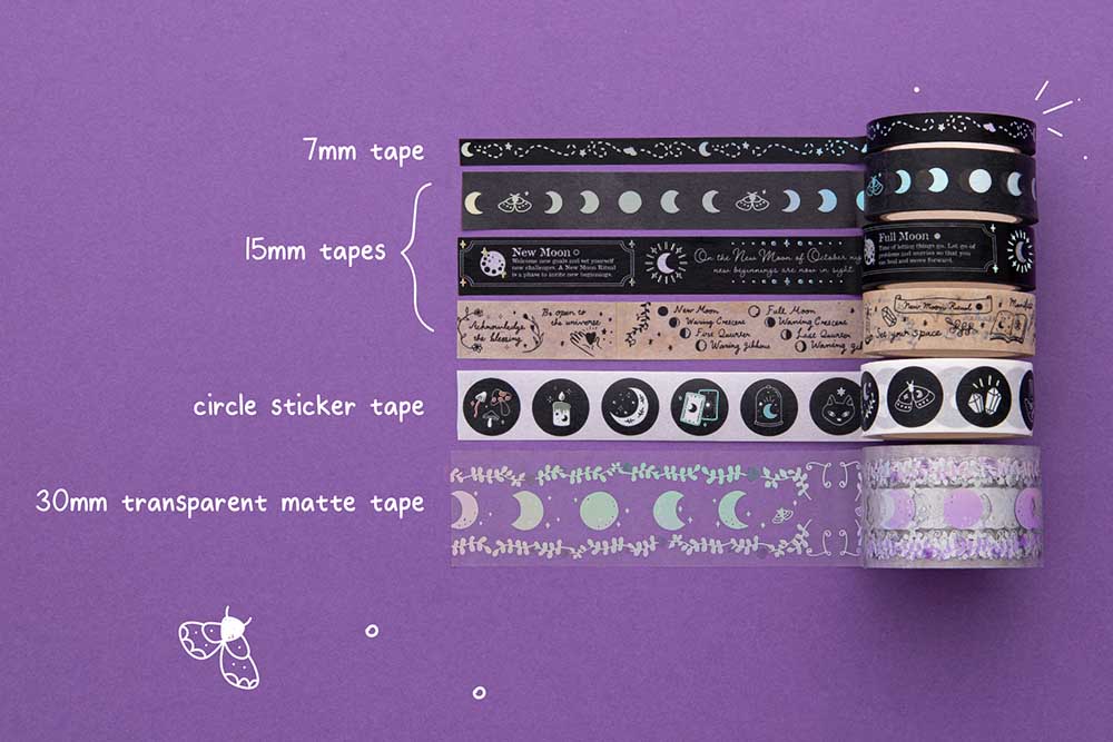 Tsuki ‘Moonlit Spell’ Washi Tape Set in various on purple background