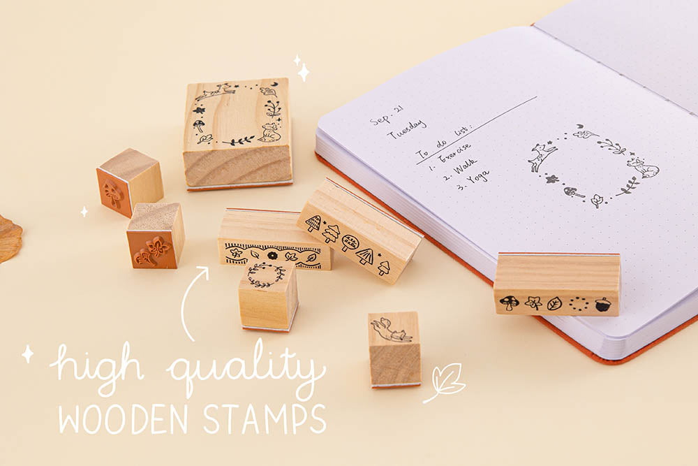 Tsuki ‘Maple Dreams’ Bullet Journal Stamp Set with high quality wooden stamps and Tsuki ‘Kitsune’ Limited Edition Fox Bullet Journal on cream background