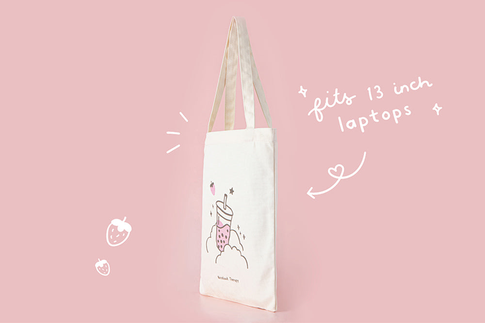 Tsuki ‘ichigo’ Boba Tote Bag that can fit 13 inch laptops in light pink background