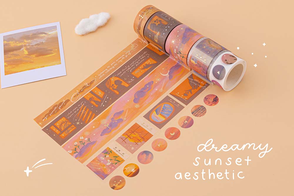 6x washi tapes stretched on orange background with a sunset polaroid in the background and the text “dreamy sunset aesthetic” written in white