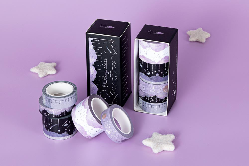 Tsuki ‘Falling Star’ Washi Tape Set with felt stars in purple background