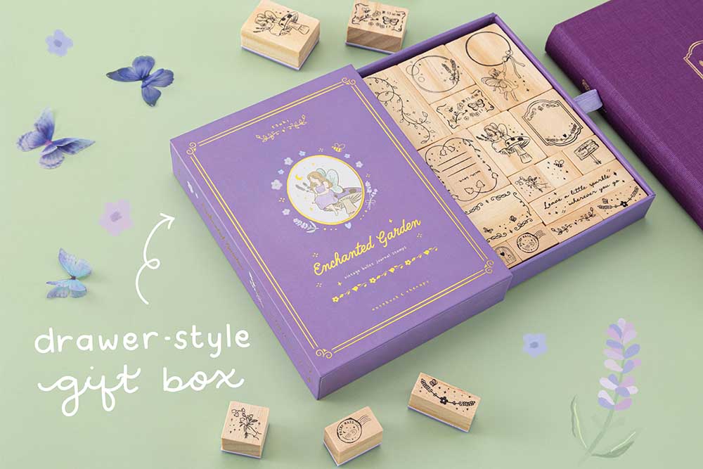 Close up of drawer-style gift box Tsuki ‘Enchanted Garden’ Stamp Set on sage green background