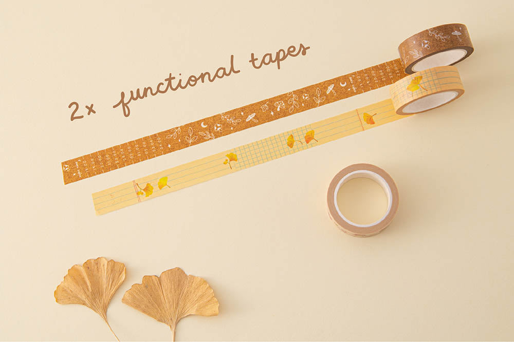 Tsuki ‘Maple Dreams’ two functional Washi Tapes with autumn leaves on cream background