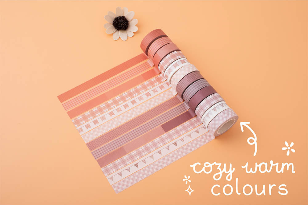 Tsuki Core Washi Tape Set in Warm Neutral with warm cosy colours and flowers on orange peach background