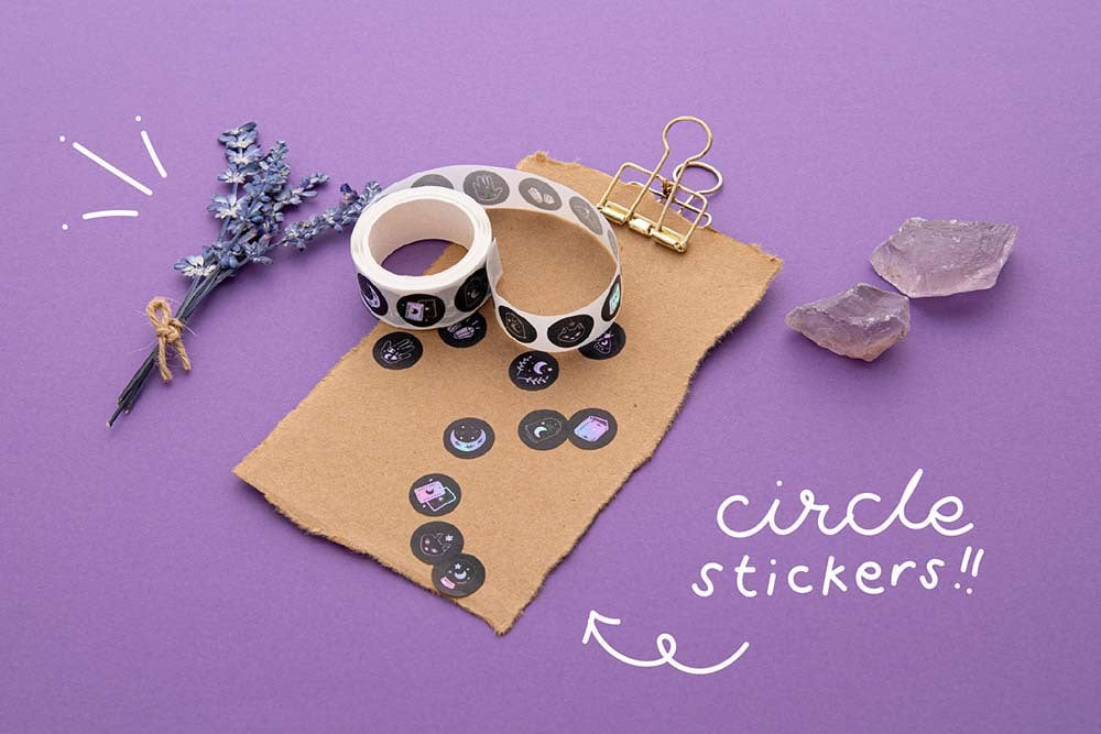 Tsuki ‘Moonlit Spell’ Washi sticker tape on kraft paper clipboard with lavender sprigs and amethyst stones on purple background