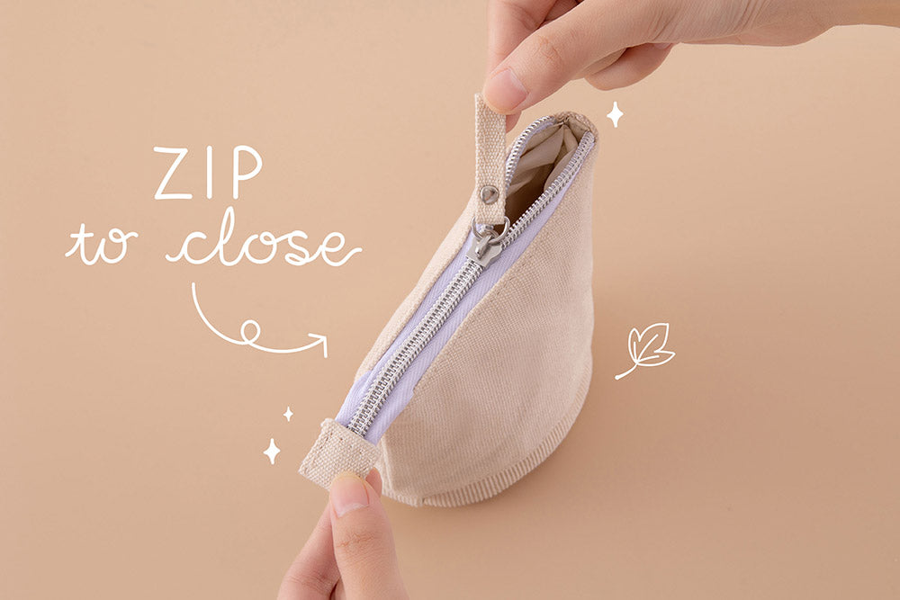 Tsuki ‘Maple Dreams’ Pop-Up Pencil case in stone with zip to close fastening held in hands on beige background