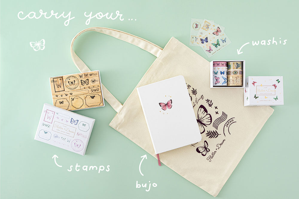 Tsuki ‘Flutter + Dream’ Tote Bag by Notebook Therapy x Pelinkan to carry your Tsuki Cloud White ‘Flutter + Dream’ Limited Edition Bullet Journal by Notebook Therapy x Pelinkan and Tsuki ‘Flutter + Dream’ Washi Tapes by Notebook Therapy x Pelinkan and Tsuki ‘Flutter + Dream’ Bullet Journal Stamps by Notebook Therapy x Pelinkan on mint background