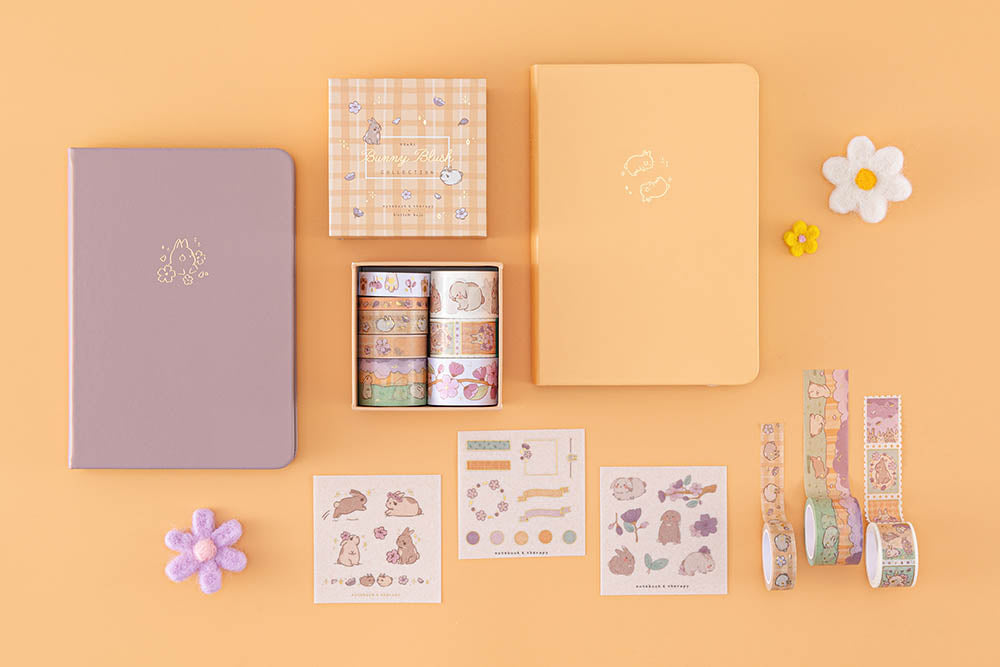 Tsuki Bunny Blush Collection designed with Blossom Bujo with felt flowers on apricot background