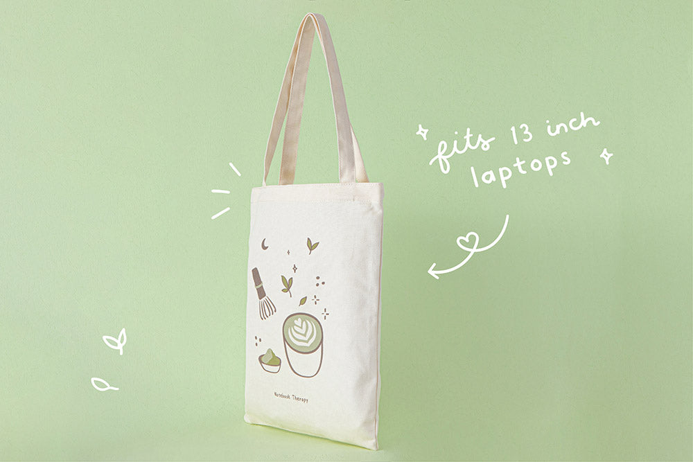 Tsuki ‘Matcha Matcha’ Tote Bag that can fit 13 inch laptops in matcha green background