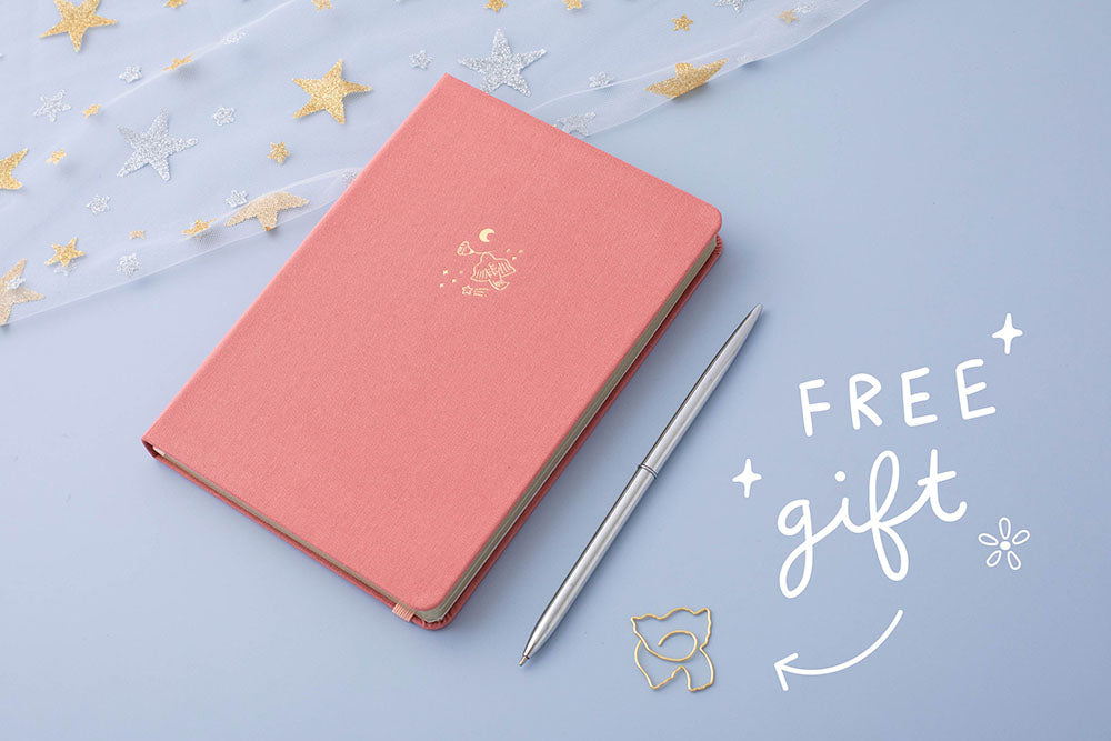 Tsuki ‘Suzume’ Limited Edition Bullet Journal with free gift with netting and pen on lilac background