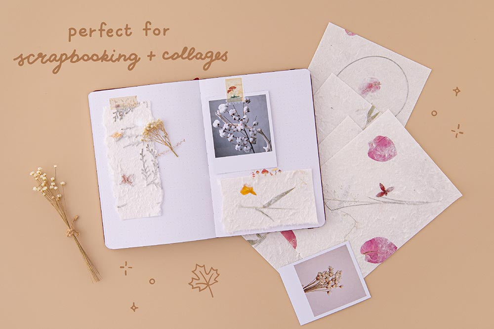 Tsuki Handmade Petal Papers perfect for scrapbooking and collages on open bullet journal spread with dried flowers and polaroid picture on beige background