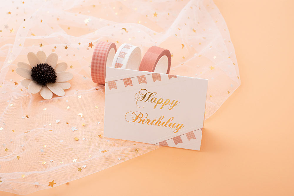 Tsuki Core Washi Tape Set in Warm Neutral happy birthday card and flowers and netting on orange peach background