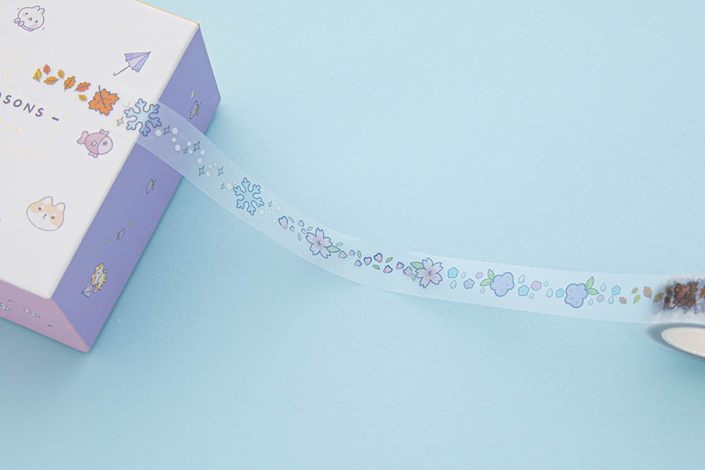 Close up of Tsuki ‘Four Seasons’ Clear Matte Washi Tape by Notebook Therapy x Milkkoyo rolled out with eco-friendly gift box on light blue background