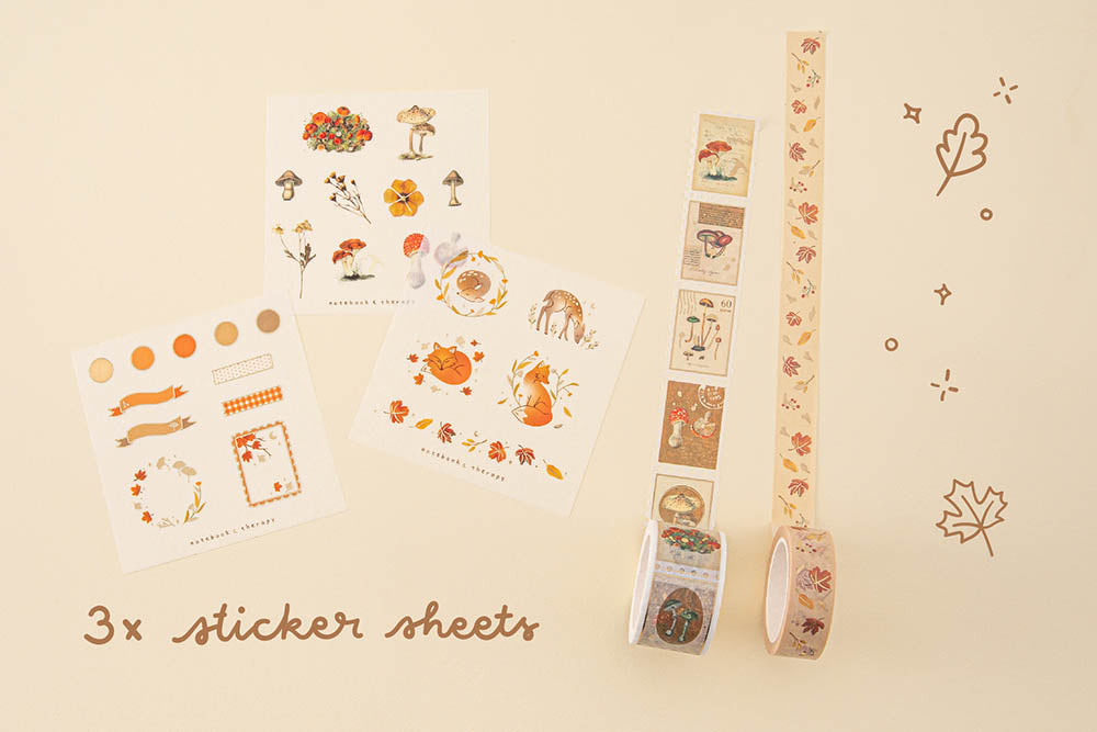 Tsuki ‘Maple Dreams’ Washi Tapes with three free stickers sheets on cream background