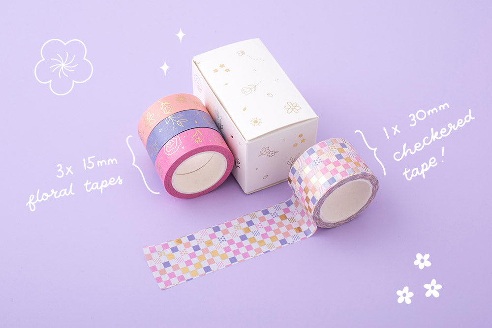 Tsuki Floral collection washi tapes outside box packaging with 2 sizes on lilac background