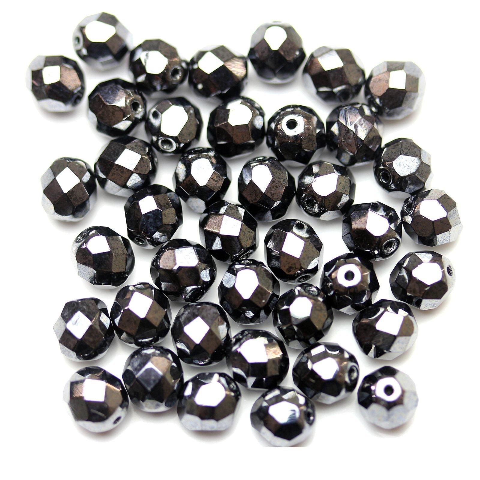 Black with Luster Gunmetal Glass Czech Round Fire Polished Faceted 8mm ...