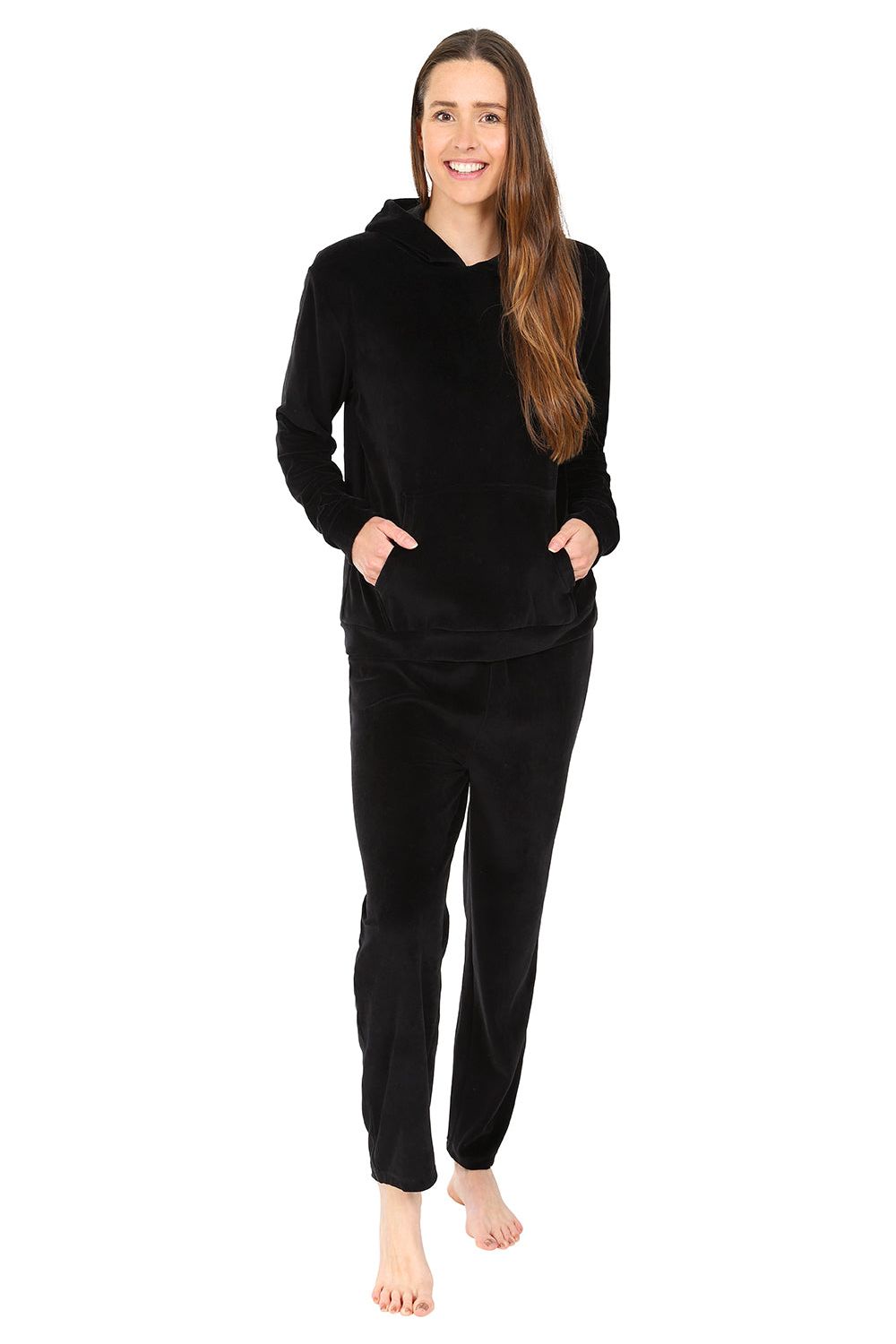 Women s Black Velour Hooded Lounge Set Tracksuit