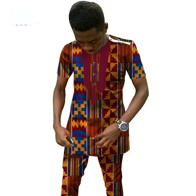Traditional African Clothing Men'S Set Short Sleeve Top with Pants Ank ...