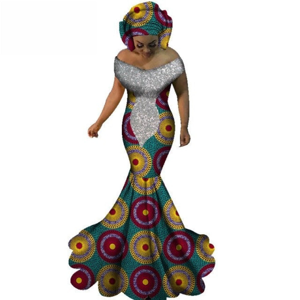 African Clothign Sexy Slash Neck Long Dress Women Cotton Print Kitenge ...