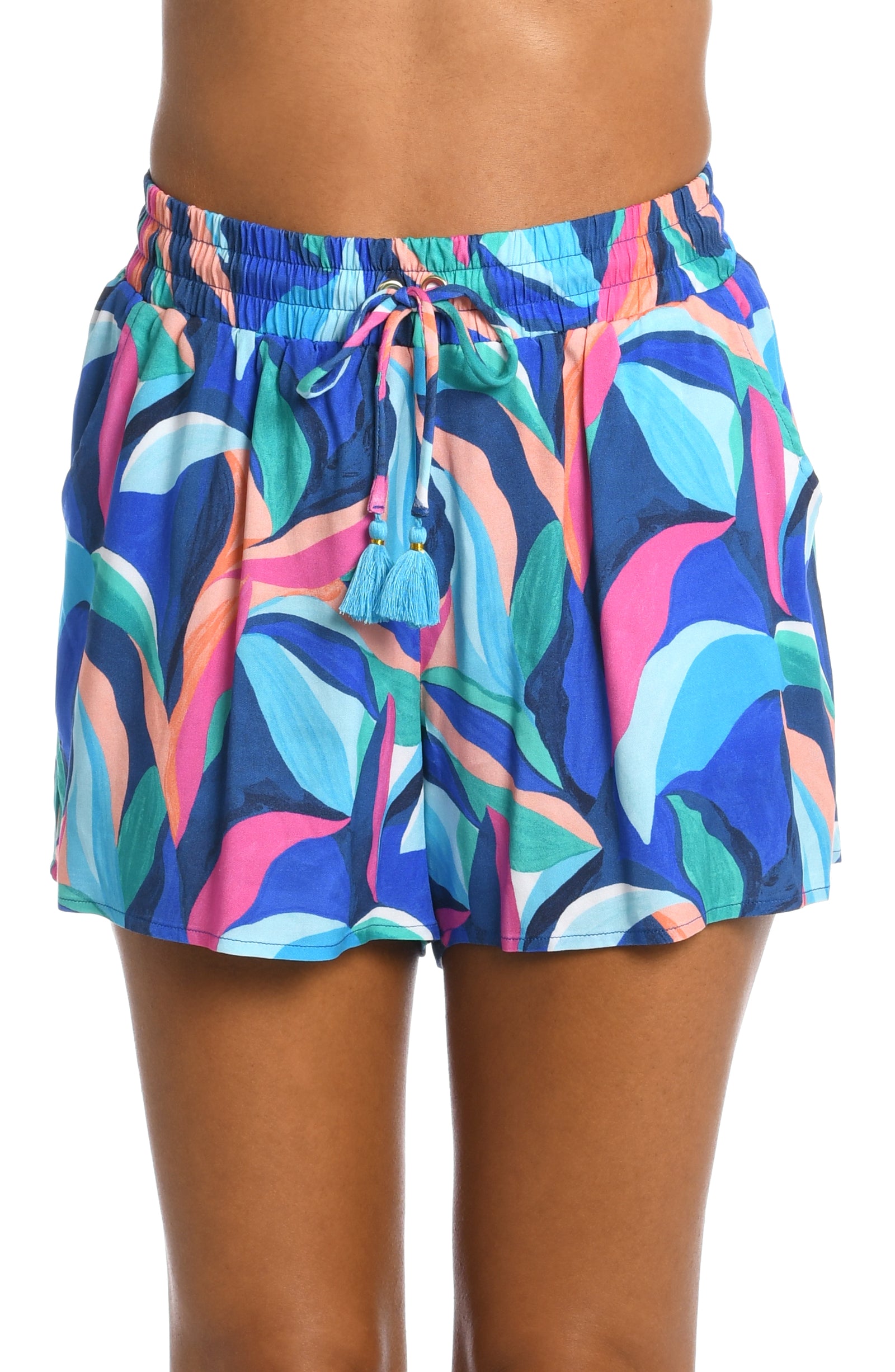 Painted Leaves Collection  Beach Shorts with Pockets and Pink Tassel Cord   Fabric Content: 100% Rayon Challis  Product#: LB3ZP64