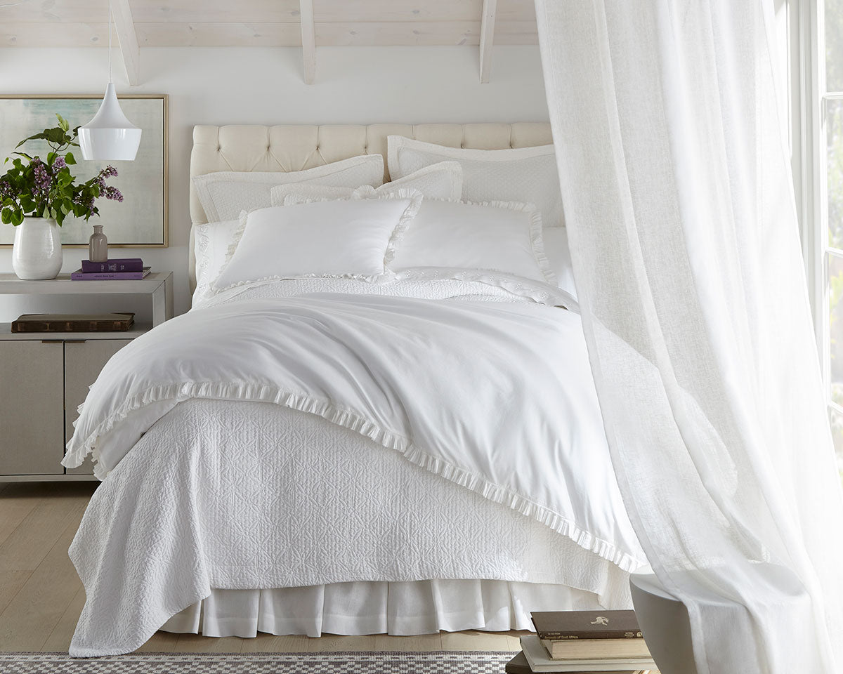 Mandalay linen Ruffled Bed Skirt shown with Ellie duvet and shams