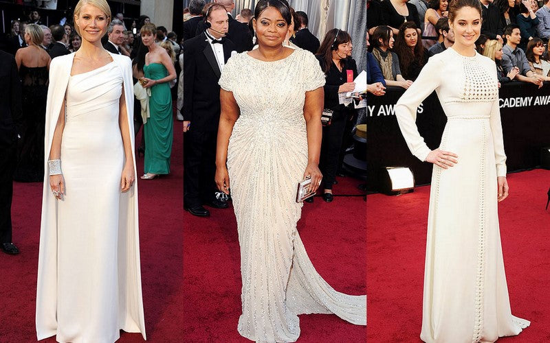 Gwyneth Paltrow, Octavia Spencer, and Shailene Woodley in white gowns on the red carpet at the Academy Awards