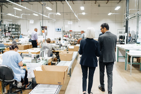 Mary Ella Gabler and Sundar Pichai walking through Dallas workroom