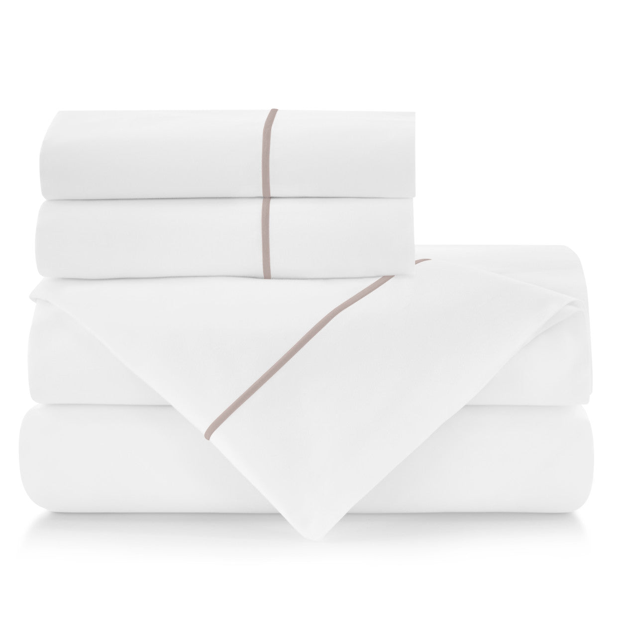 stack of folded white sheets with driftwood embroidery, Boutique Percale Sheet Set Driftwood