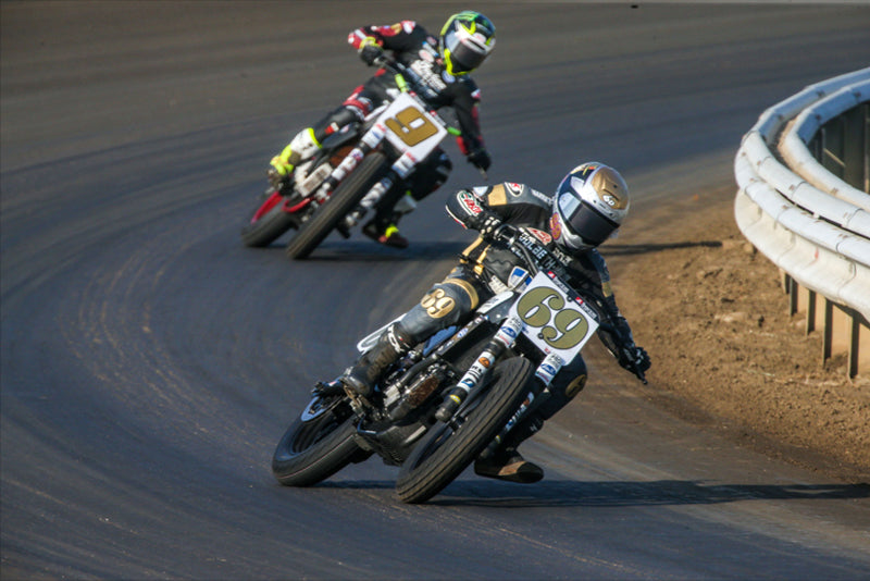 Sammy Halbert (69) leads Jared Mees (9) during the AFT SuperTwins race at Springfield Mile I in 2020. Photo by Scott Hunter, courtesy AFT.