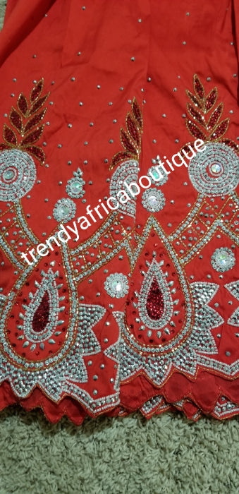 Clearance: RED Nigerian VIP hand stoned silk George wrapper. 5yrd + 1 ...