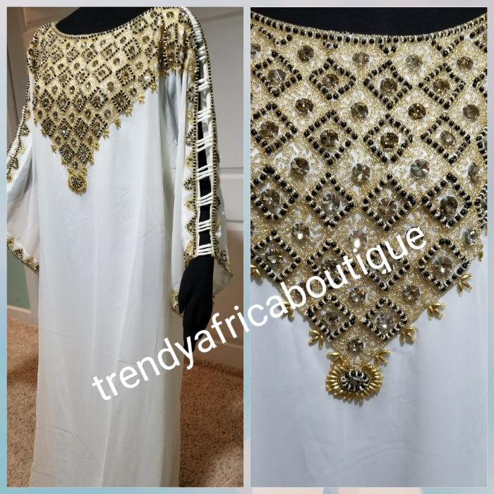 Classic white/gold Long free flowimg kaftan dress. Beaded and stones D ...